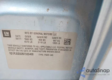 2011 Chevrolet Cruze Eco from USA, damaged, VIN 1G1PJ5S92B7305488